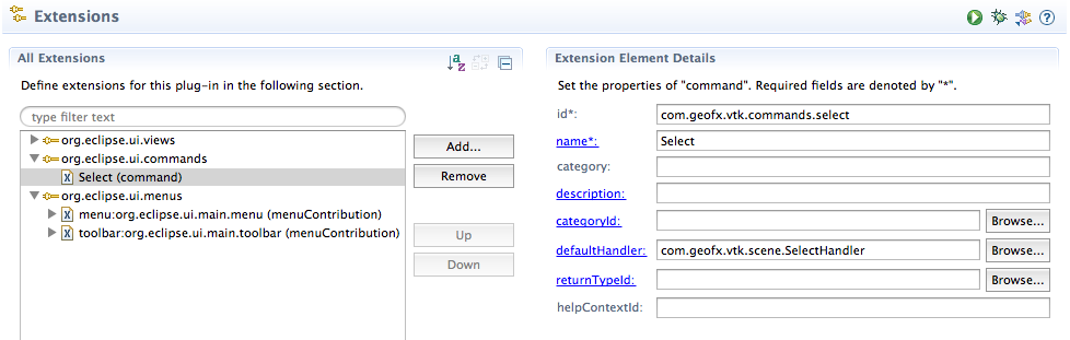 Commands view in the PDE